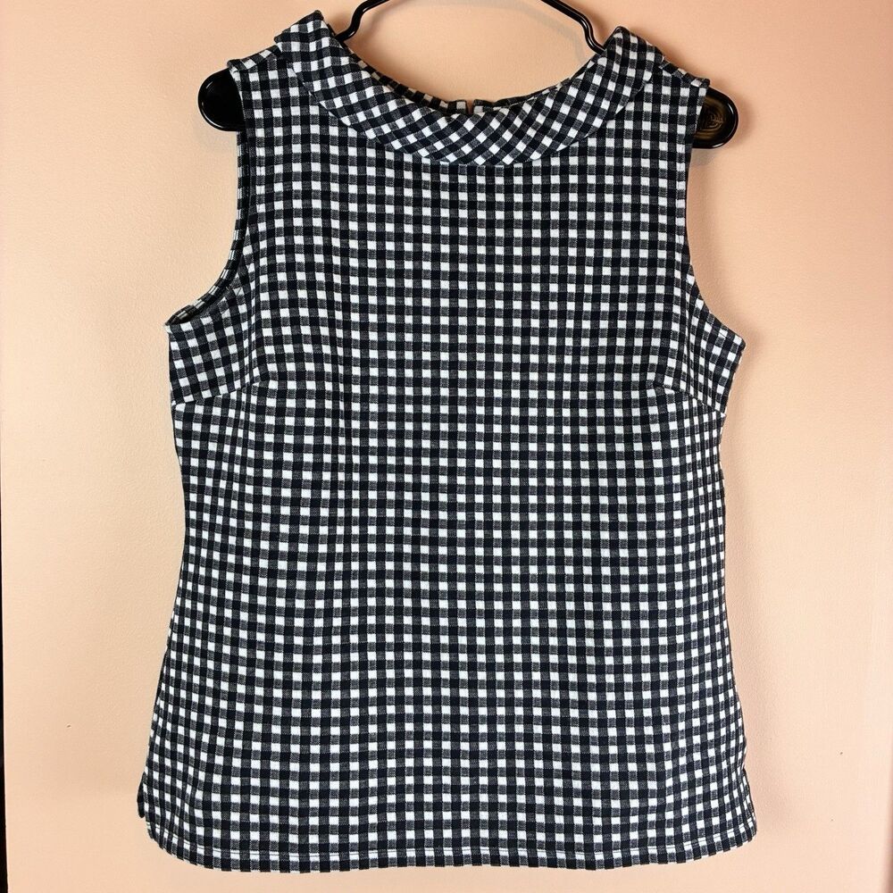 Talbots Women’s Sleeveless Black/White Check Popover Top Portrait Collar Size M